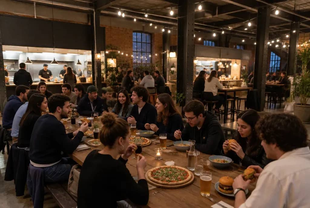 Groupe d'amis partageant pizzas, bols et burgers sur de longues tables dans une ancienne halle industrielle du 7e arrondissement de Lyon