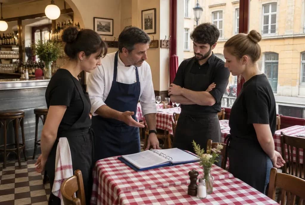 Restaurateur briefant son équipe sur l'hygiène avant le service dans la salle d'un bistrot lyonnais