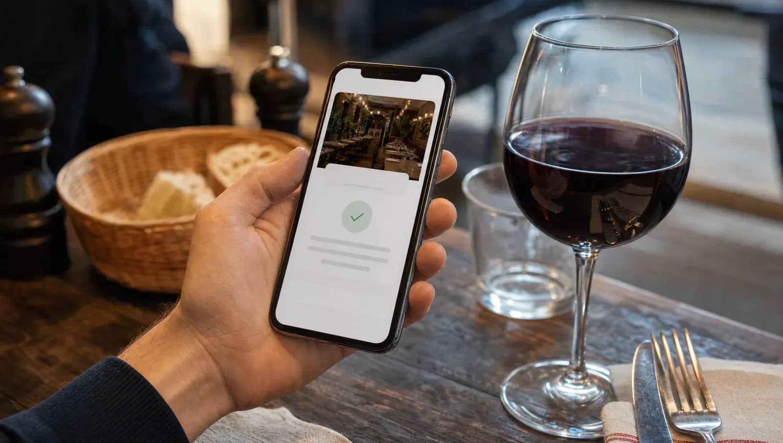 Client à table tenant son smartphone, confirmation de réservation affichée à l'écran, verre de vin rouge à côté