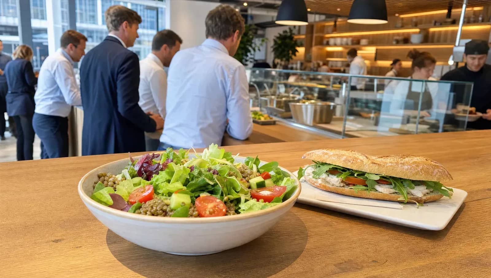 Bol de salade et sandwich au comptoir d'un restaurant de la Part-Dieu à l'heure de la pause déjeuner