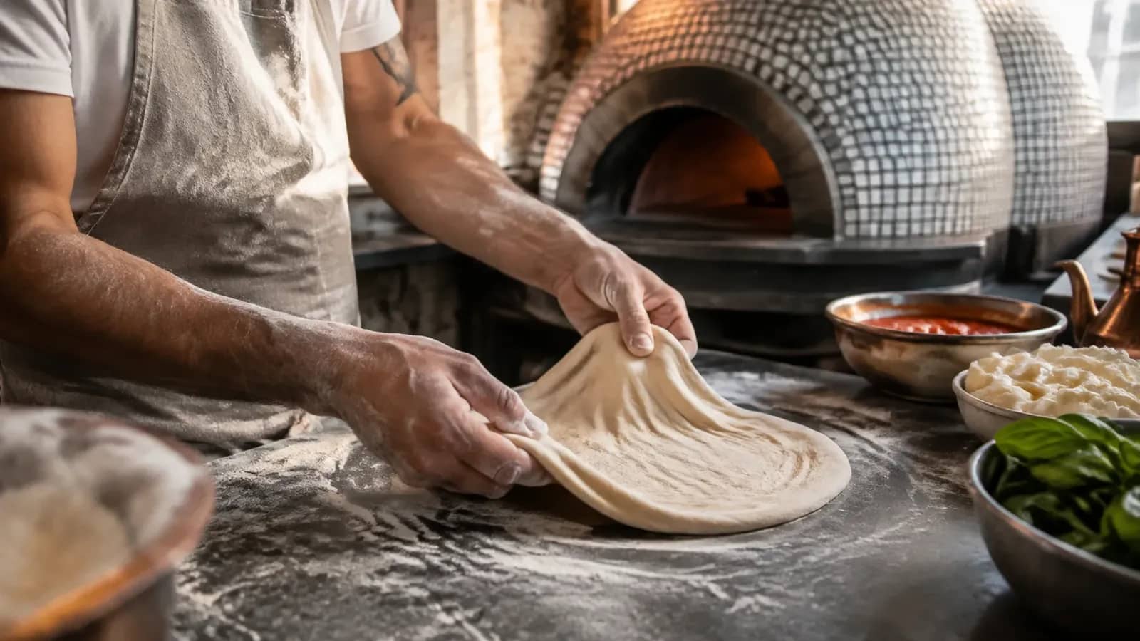 Pizzaiolo étirant une pâte artisanale devant un four à pizza