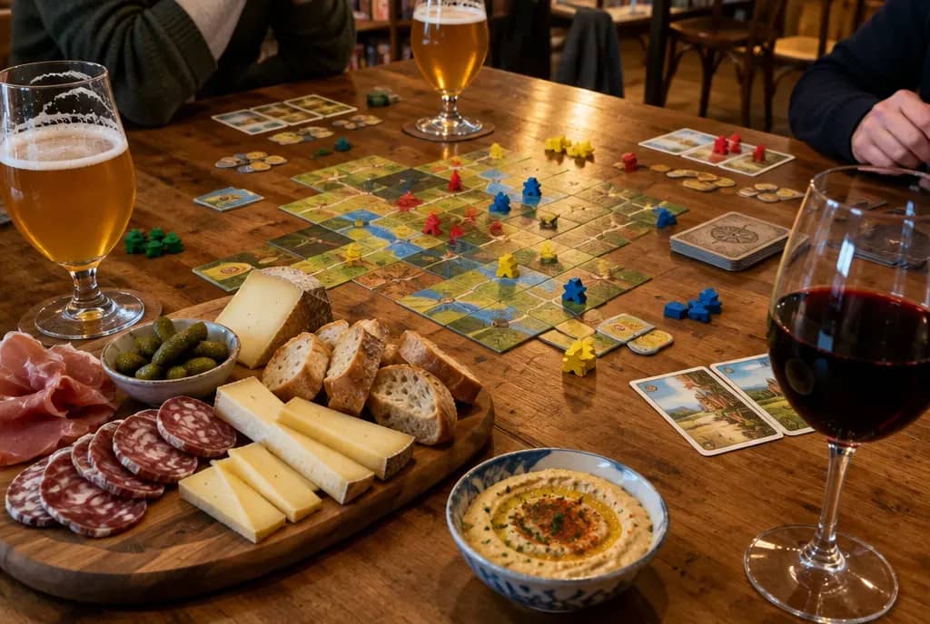 Planche charcuterie-fromage, houmous, bières et partie de jeu de société en cours sur une table en bois, visuel d'illustration