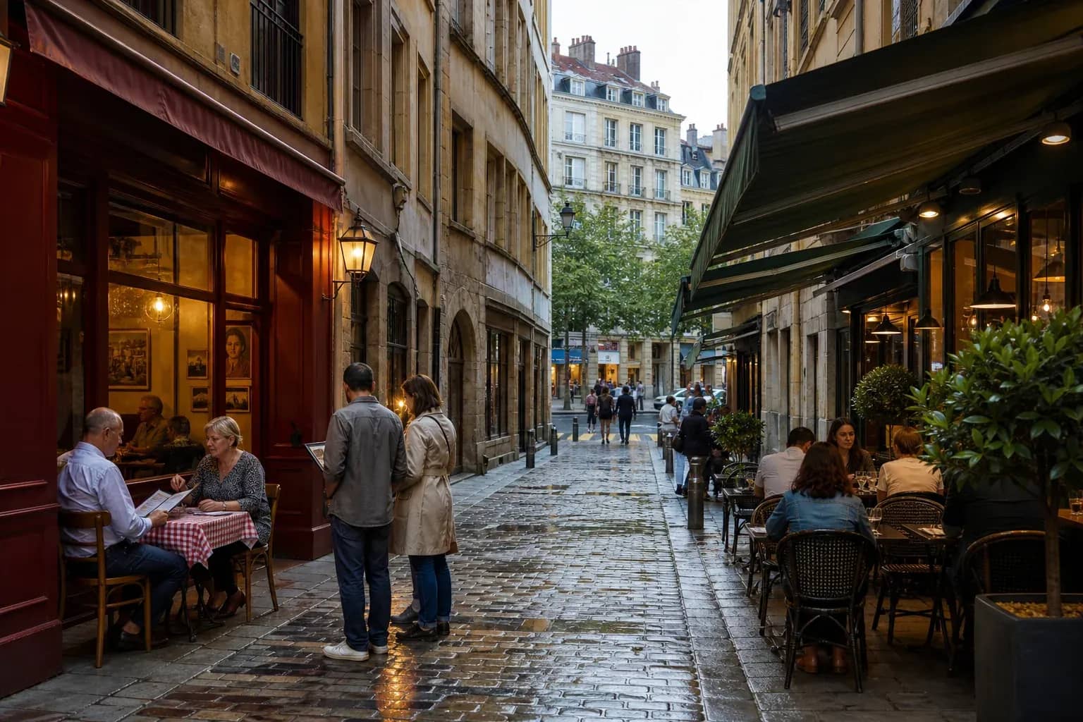 Rue de la Presqu’île bordée de bistrots et de terrasses entre Mercière et Cordeliers