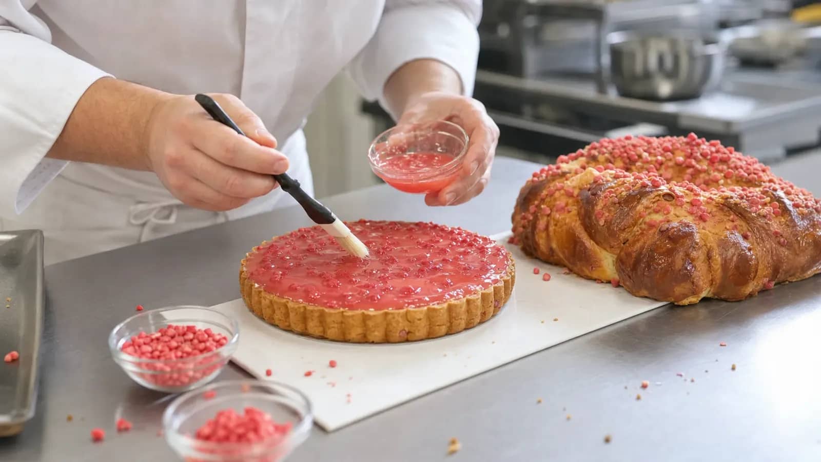Pâtissier préparant une tarte et une brioche aux pralines roses pour un concours