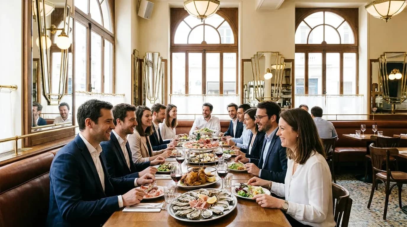 Repas d'équipe d'entreprise dans une brasserie Art déco lyonnaise en plein jour