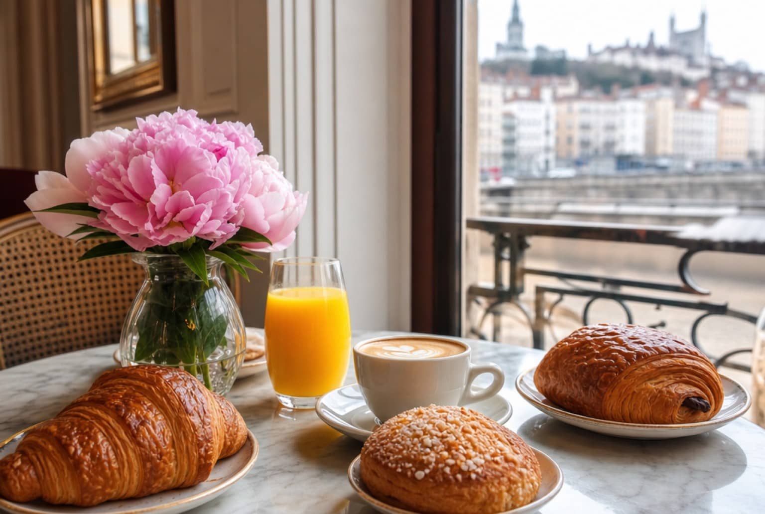 Table de brunch ensoleillée avec croissants et latte art à Lyon