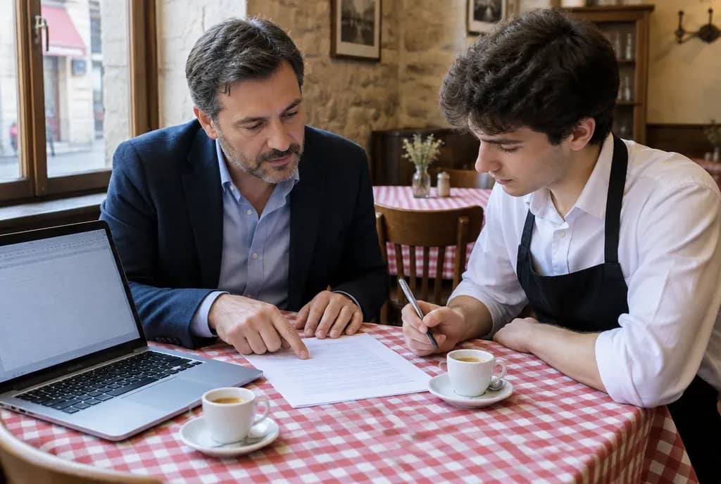 Un gérant de restaurant relit un contrat d'extra avec un jeune serveur, à une table nappée de vichy rouge l'après-midi