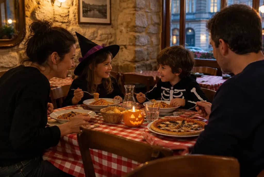 Enfants déguisés en sorcière et en squelette qui dînent en famille dans un bistrot lyonnais aux nappes à carreaux