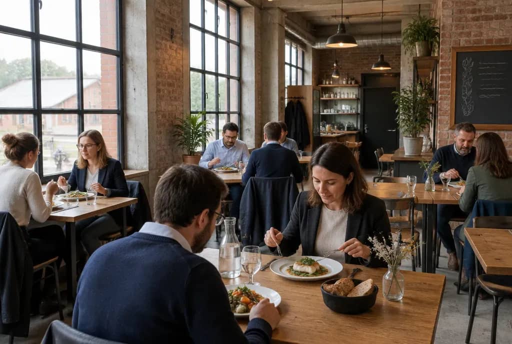 Déjeuner en semaine dans un restaurant installé dans un ancien atelier du quartier de l'Industrie, Lyon 9e