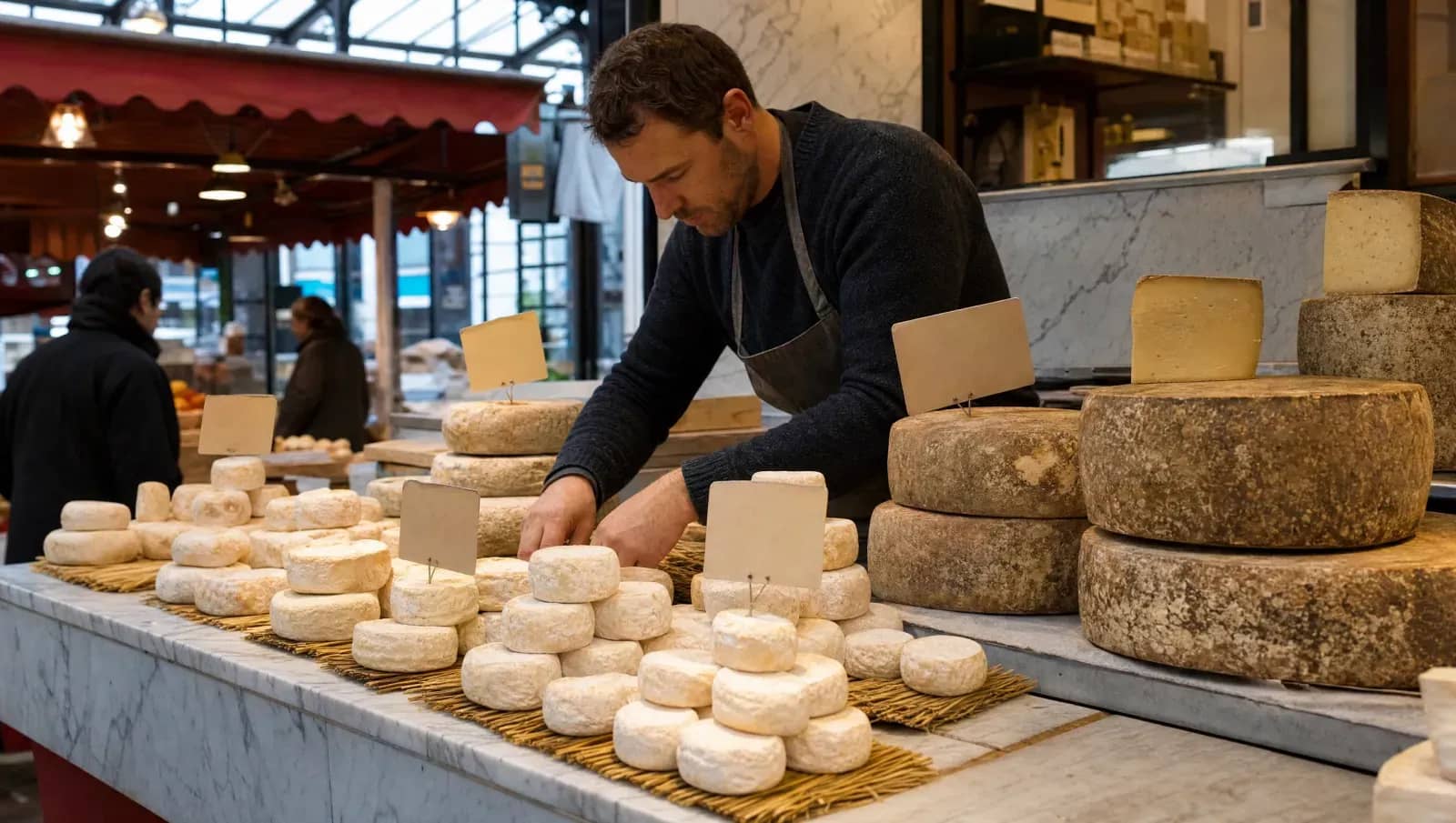 Étal de fromager avec saint-marcellins et tommes affinées aux Halles de Lyon Paul Bocuse