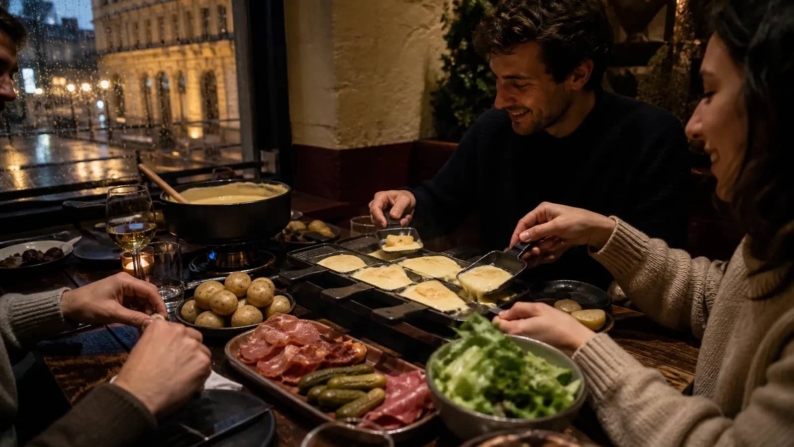 Raclette et fondue partagées entre amis dans un restaurant chaleureux à Lyon