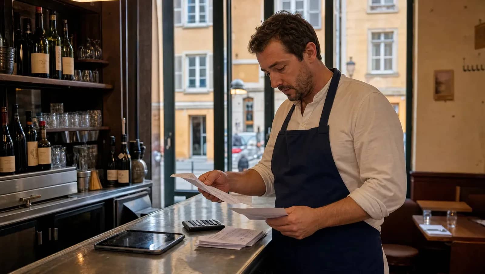 Restaurateur au comptoir en zinc d'un bistrot lyonnais vérifiant ses bons de livraison fournisseurs avec une calculatrice et une tablette