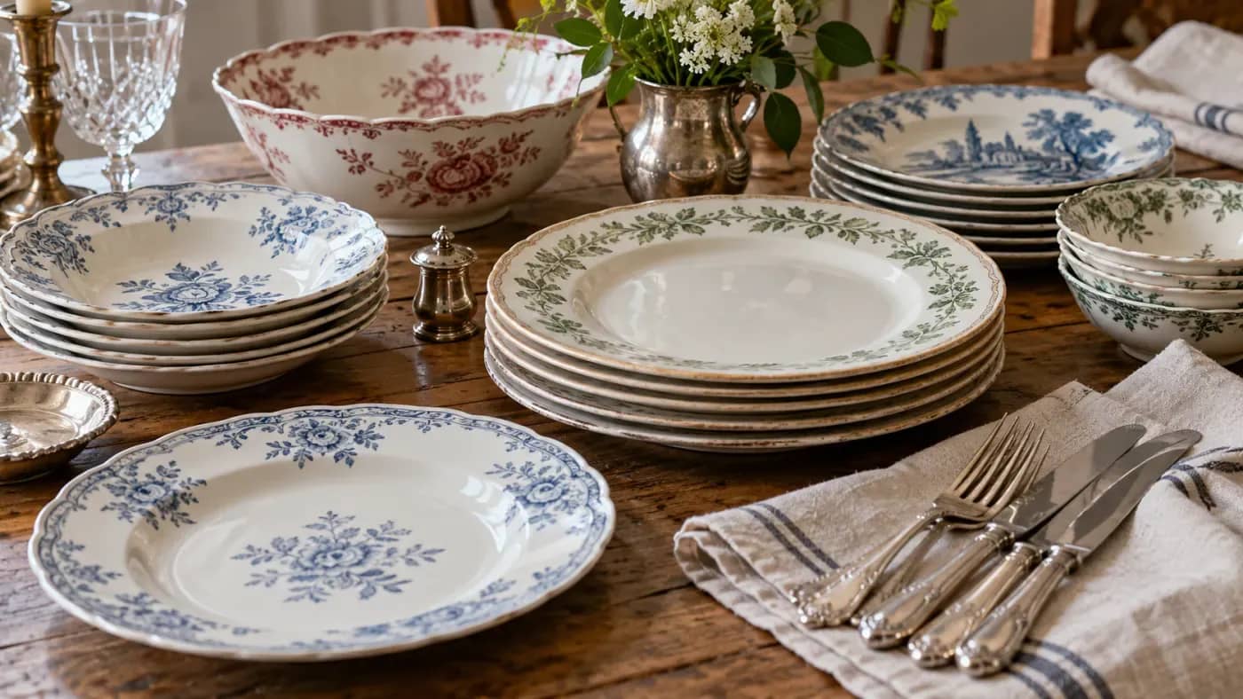 Illustration originale d’une sélection d’assiettes anciennes, sans lien avec le stock de la vente
