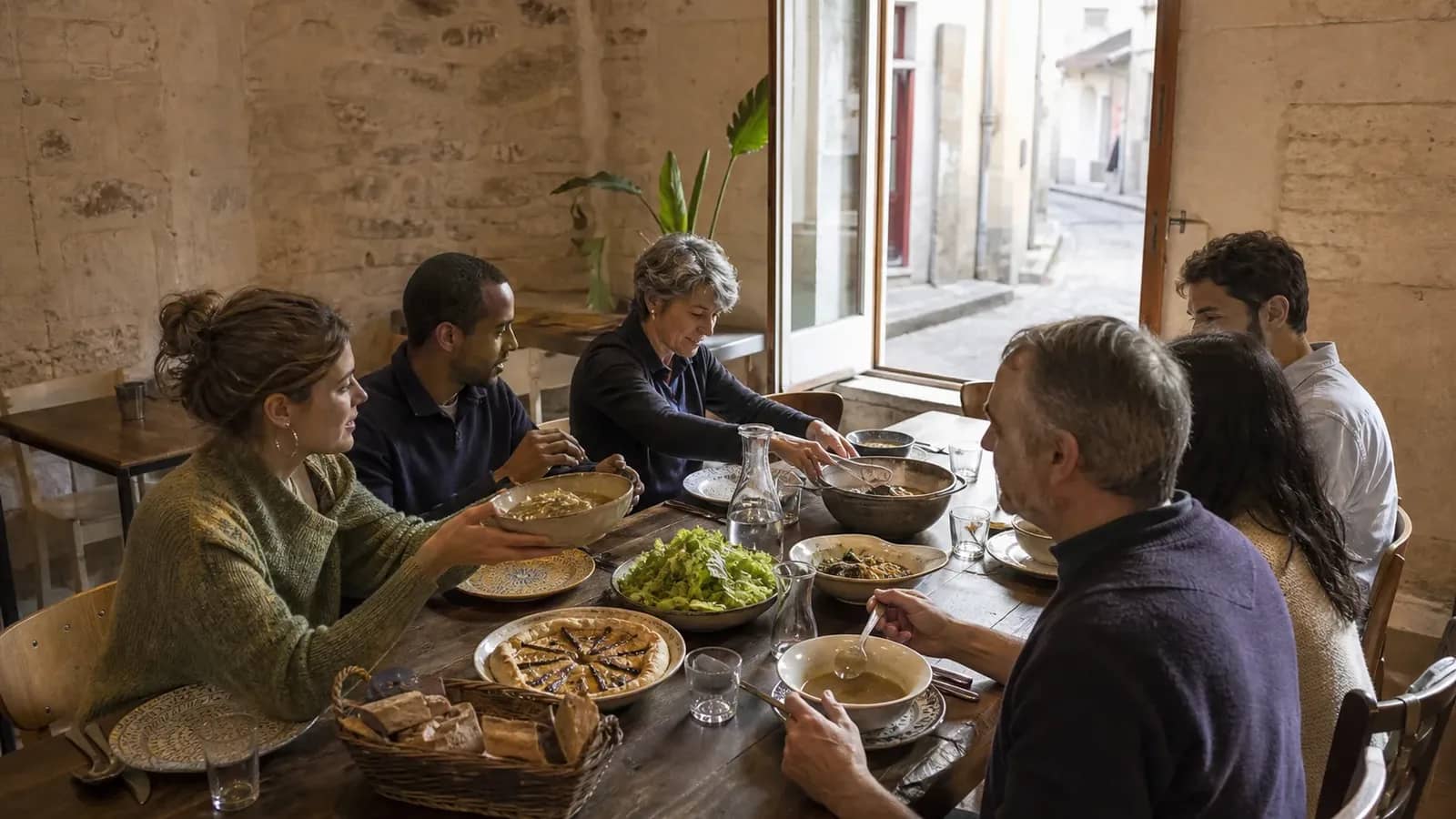 Déjeuner partagé autour d'une grande table dans une cantine de quartier