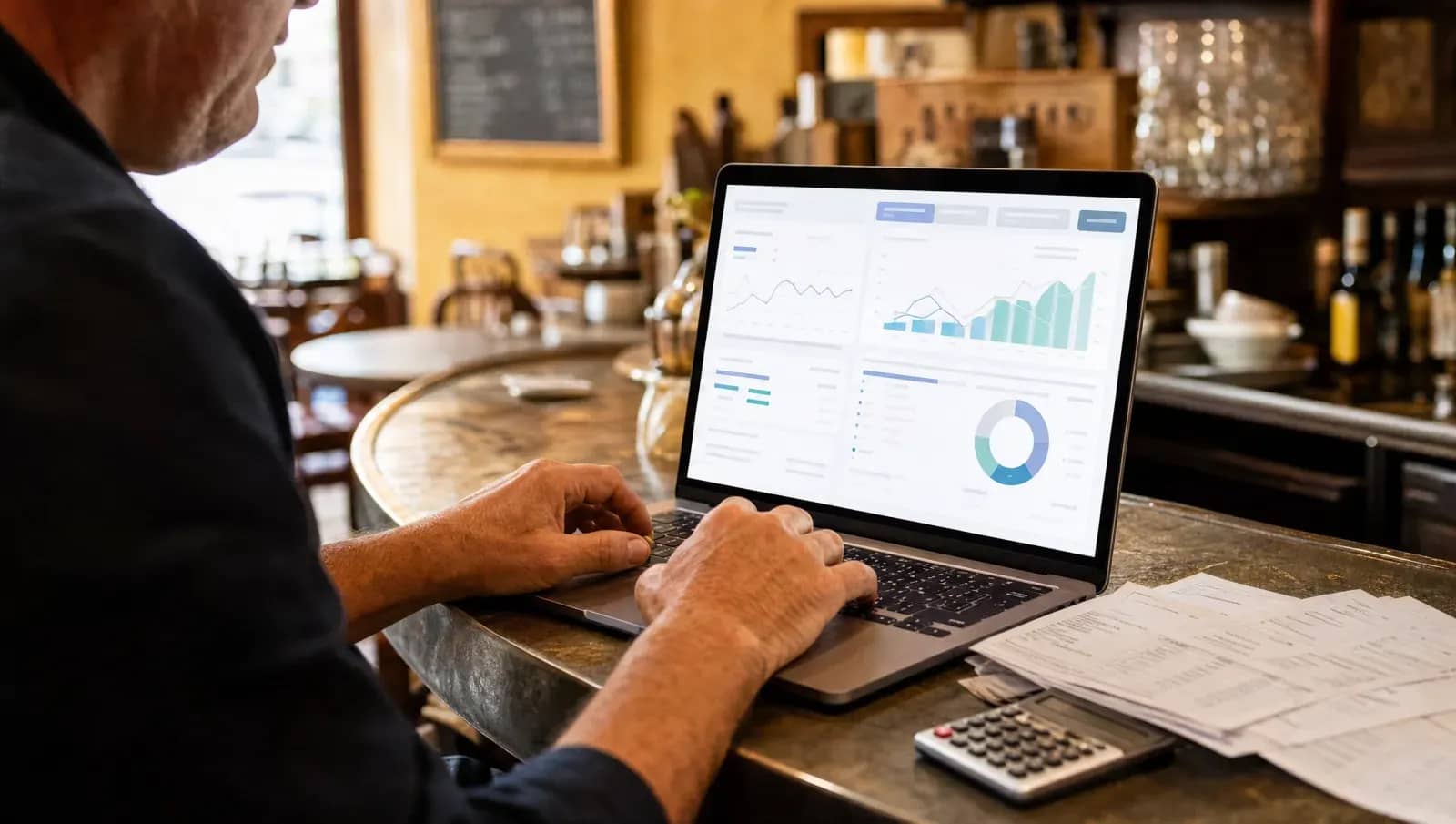 Gros plan sur les mains d'un restaurateur travaillant sur un logiciel de gestion, avec des factures papier et une calculatrice sur le comptoir en zinc.