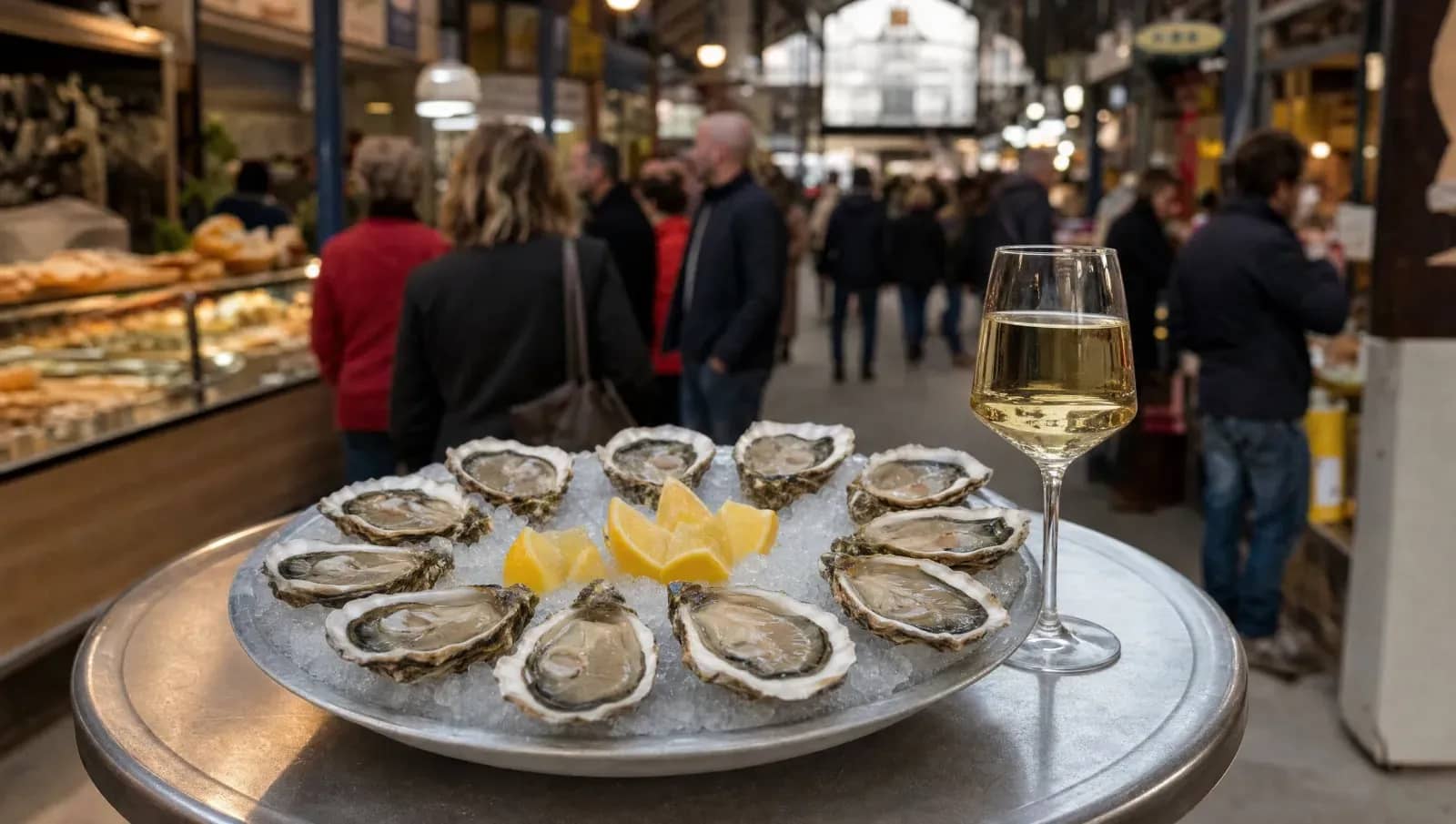 Plateau d'huîtres et verre de vin blanc au comptoir d'un écailler des Halles de Lyon