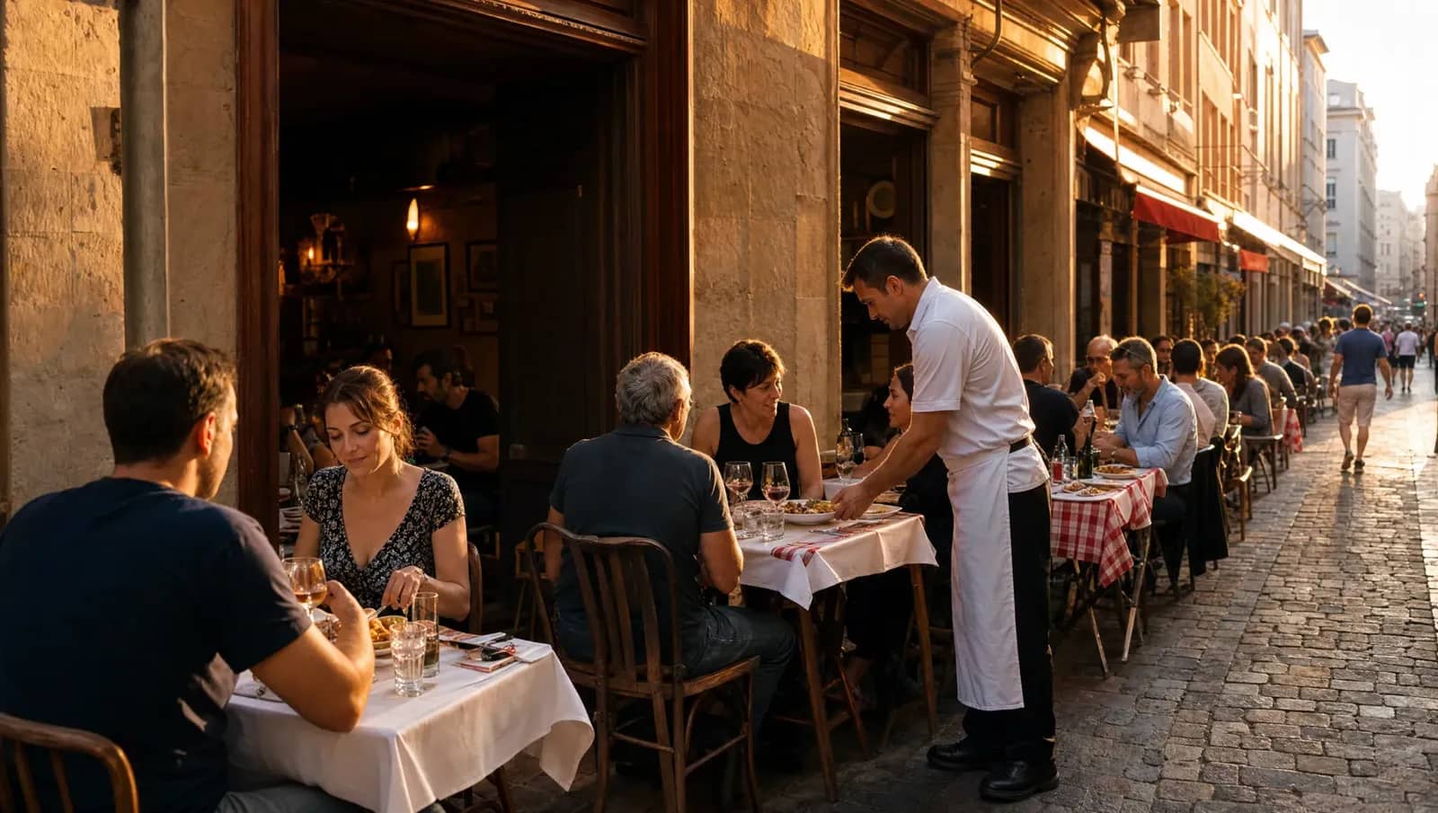 Terrasse comble d'un bouchon lyonnais à l'heure dorée, un serveur apporte les plats aux dîneurs.