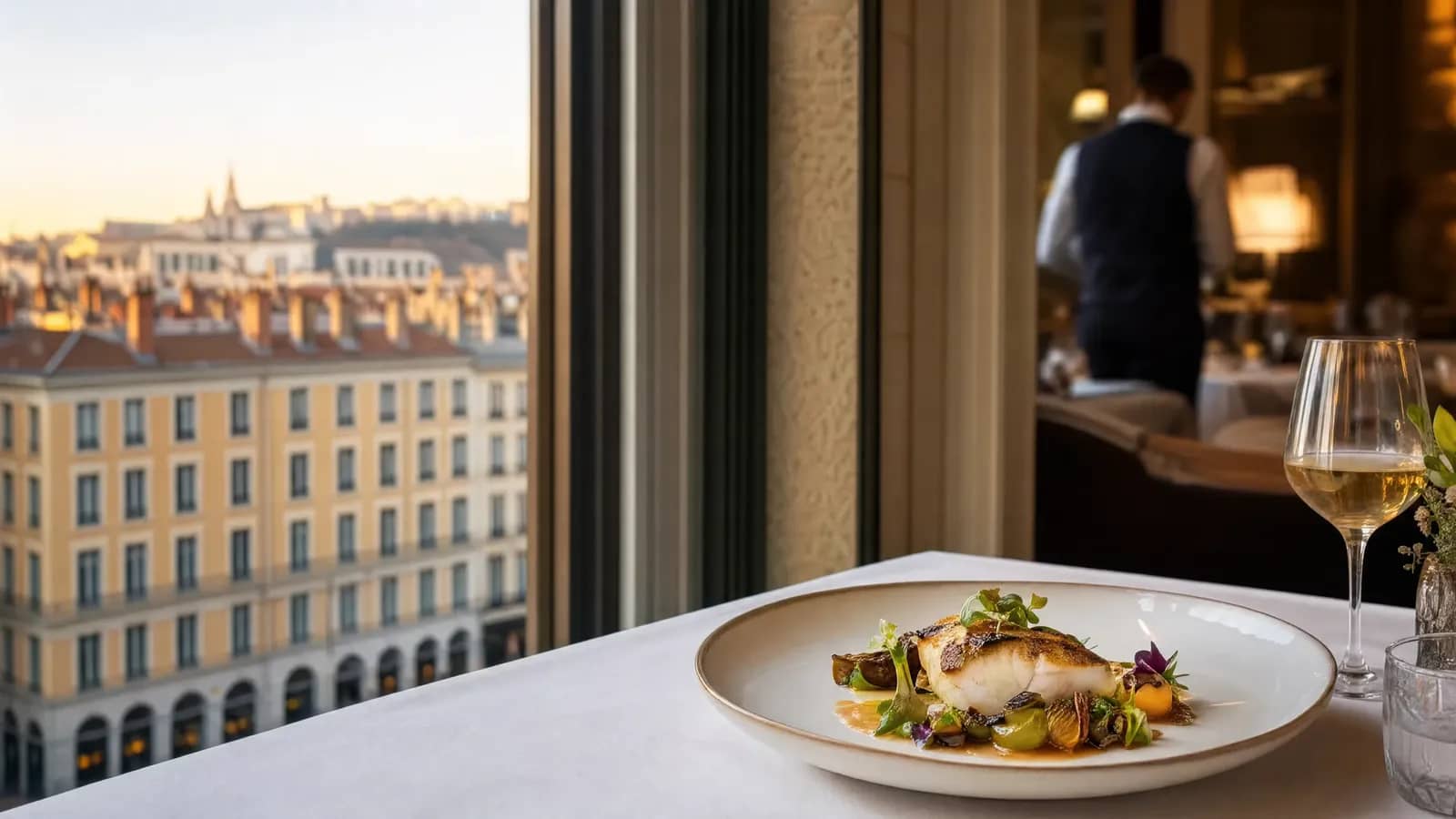 Assiette gastronomique dressée près d'une fenêtre donnant sur les façades ocre de la Presqu'île de Lyon