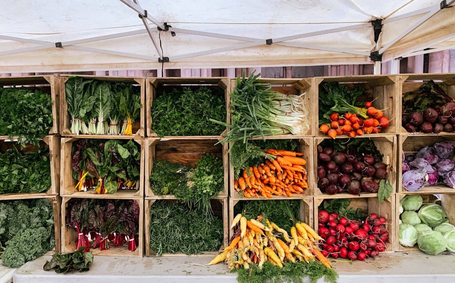 Légumes frais de saison disposés dans des cagettes en bois sur un marché