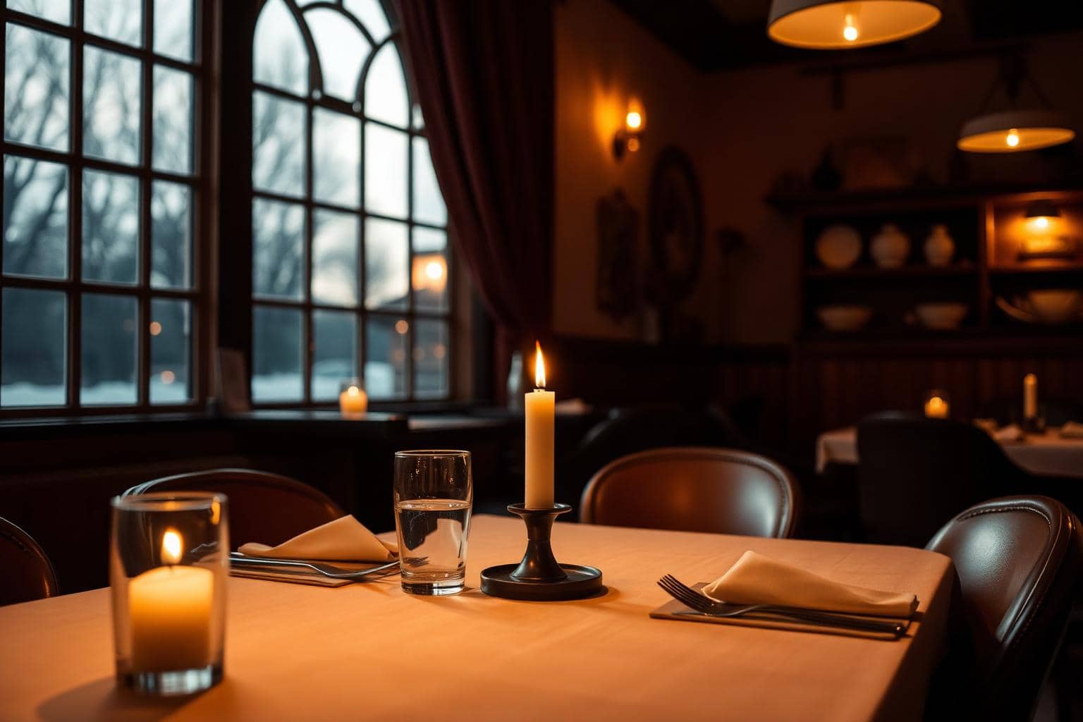 Table de restaurant éclairée à la bougie attendant ses convives
