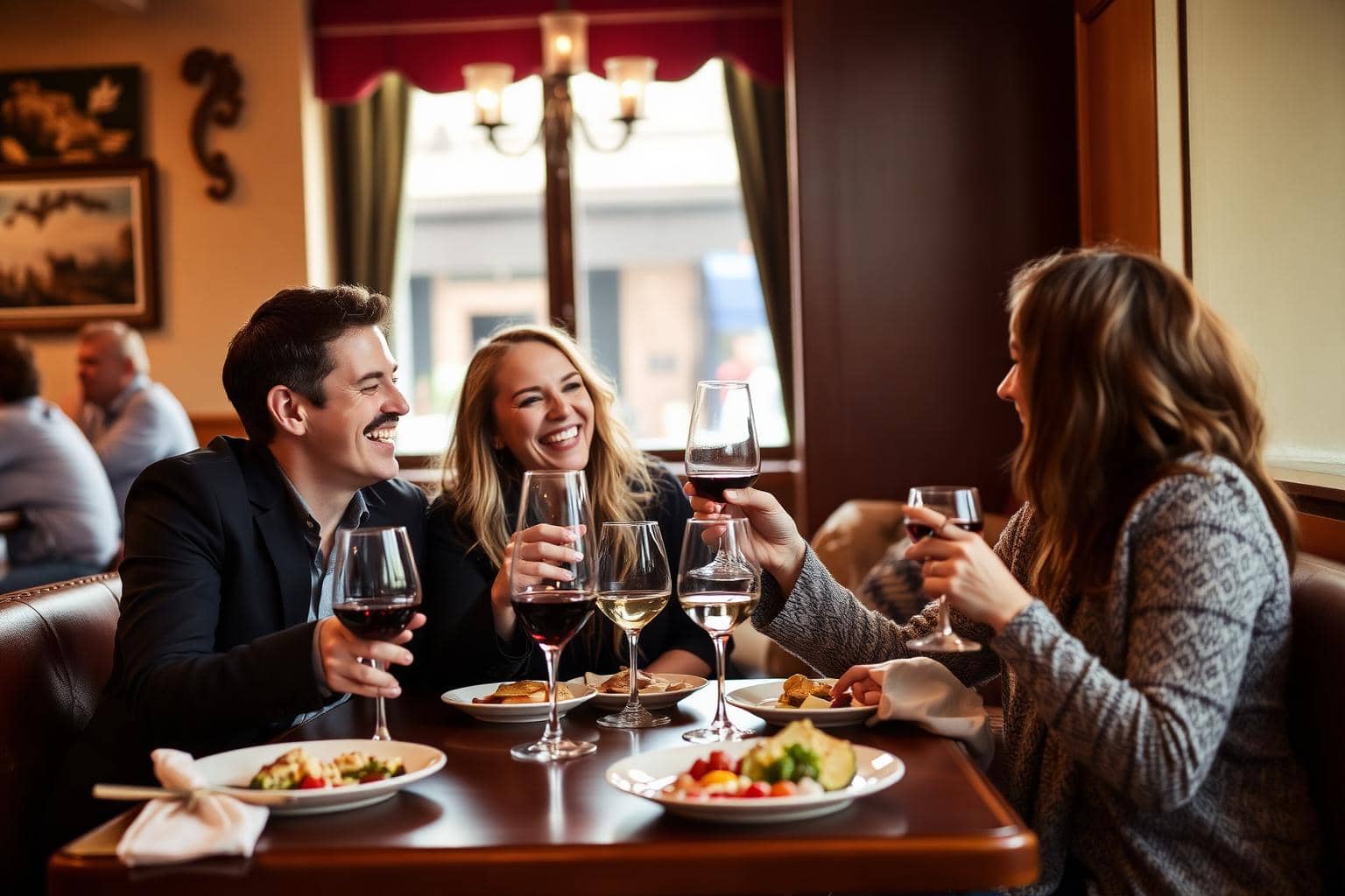 Amis trinquant et riant à table dans un restaurant lyonnais