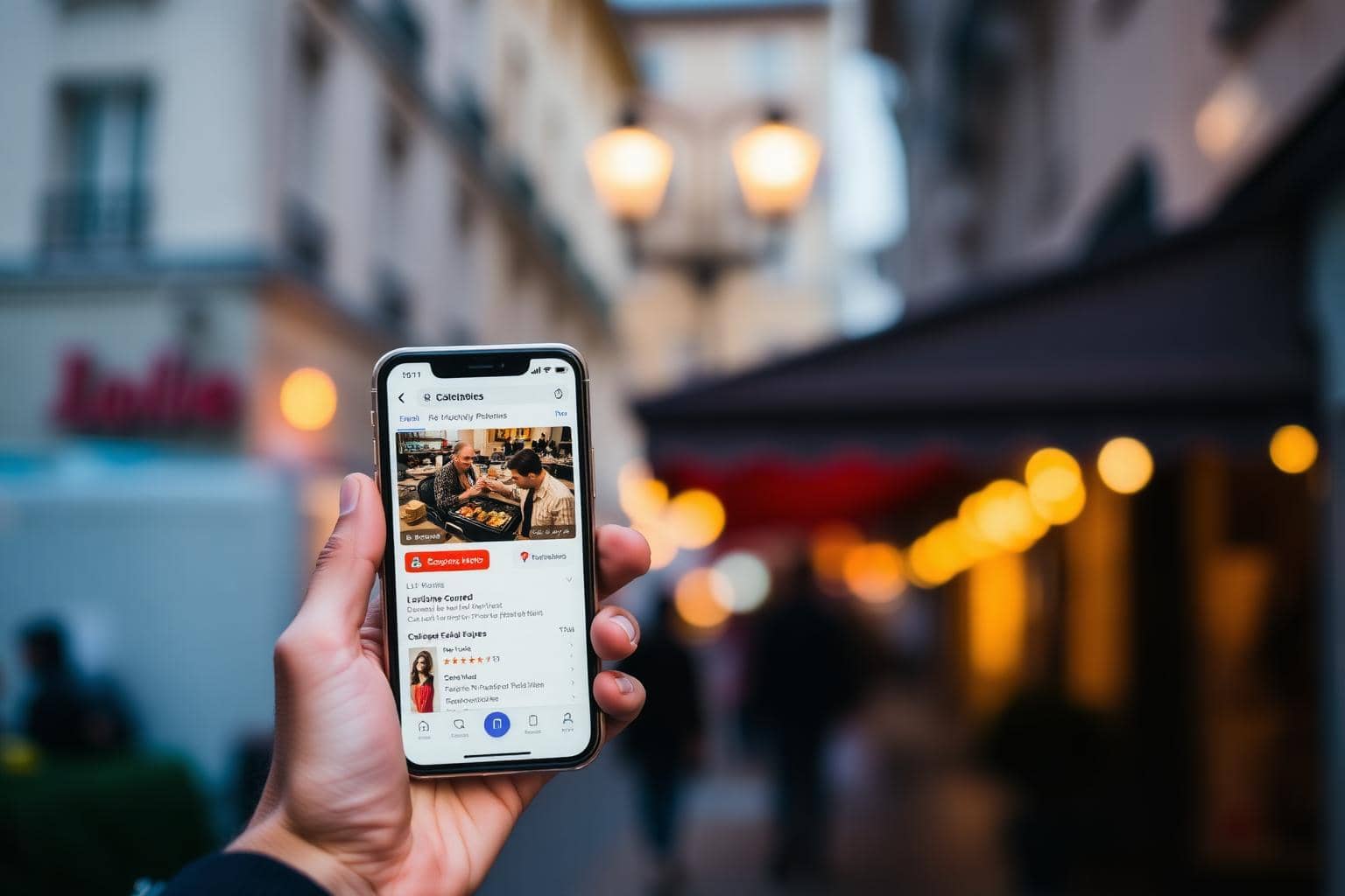 Smartphone affichant une application de réservation de restaurant à Lyon
