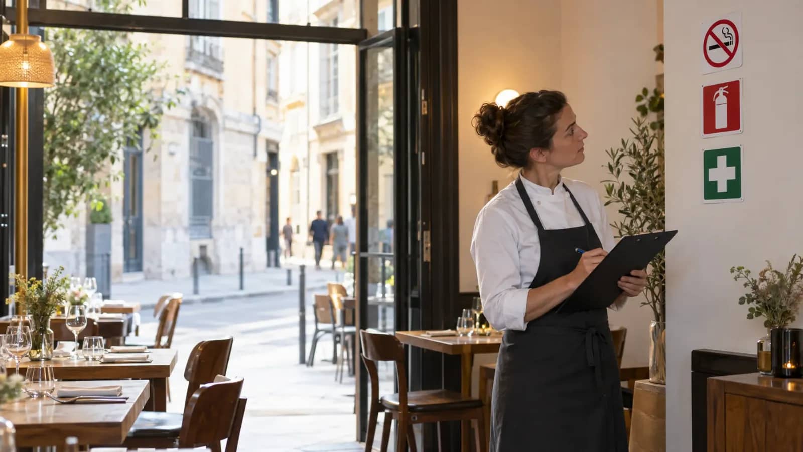 Une restauratrice vérifie les affichages obligatoires dans sa salle à Lyon