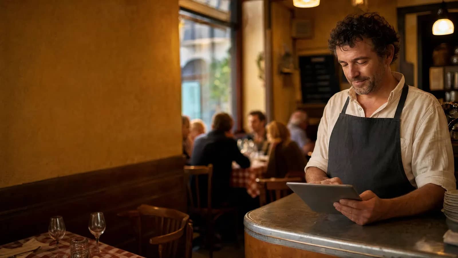 Un restaurateur lyonnais consulte les réservations du soir sur une tablette, derrière le comptoir en zinc de son bouchon.