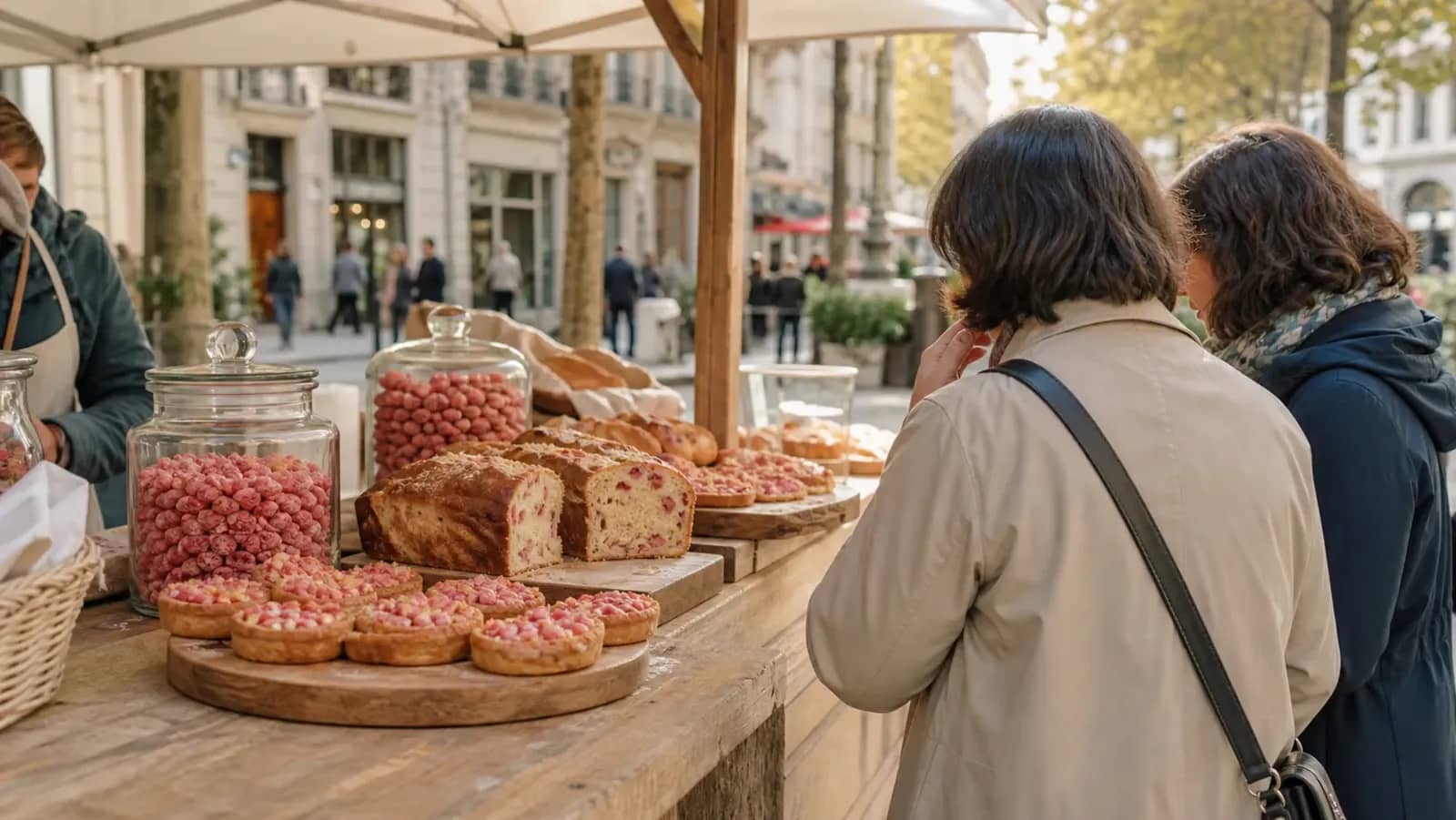 Stand de brioches et tartes aux pralines roses sur un marché lyonnais