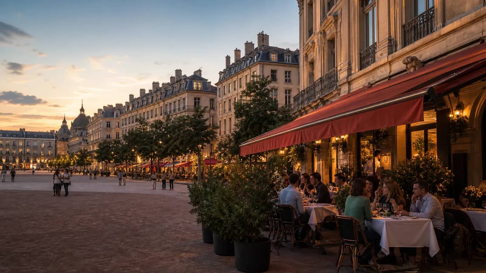 Terrasses de restaurants au coucher du soleil sur la Presqu’île de Lyon, près de Bellecour