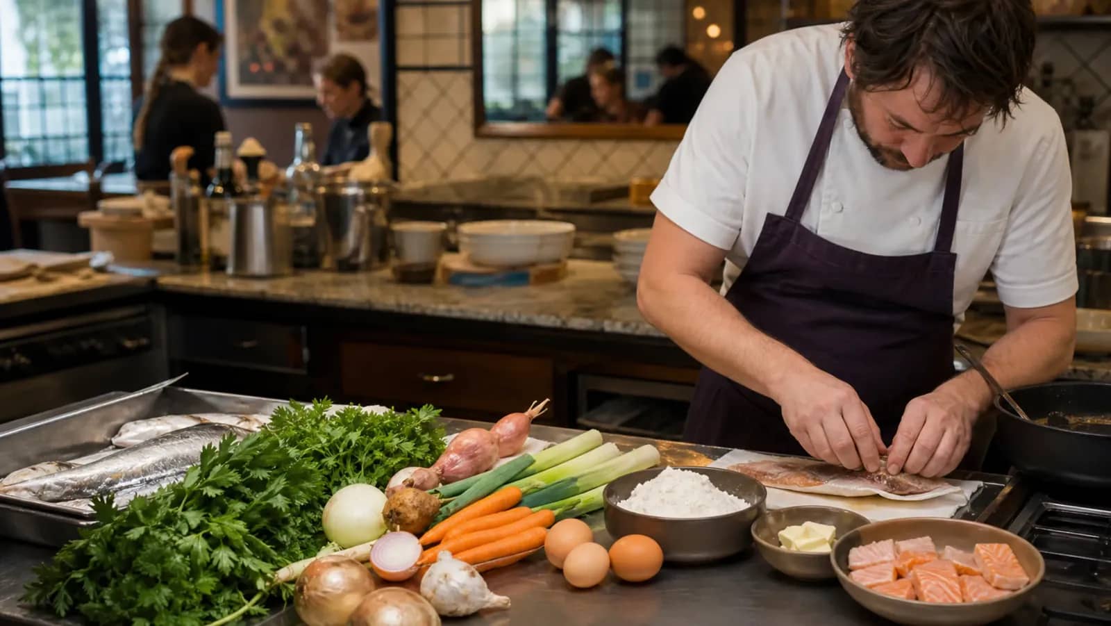 Mise en place de produits bruts dans une cuisine professionnelle