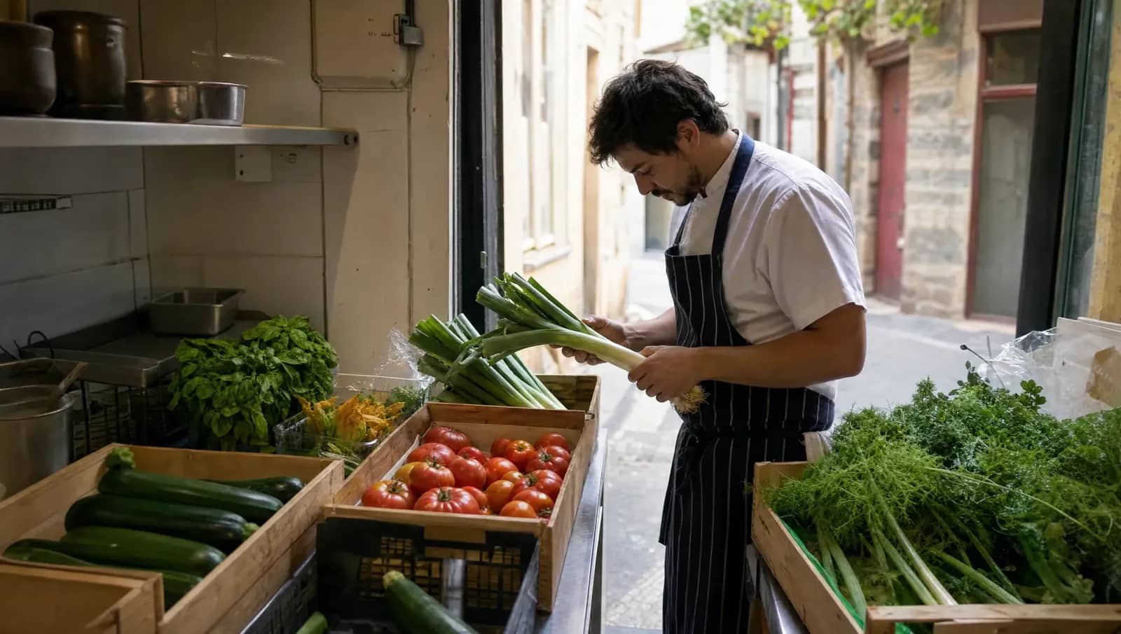 Cuisinier contrôlant des cageots de légumes de saison livrés à l'arrière d'un bistrot lyonnais
