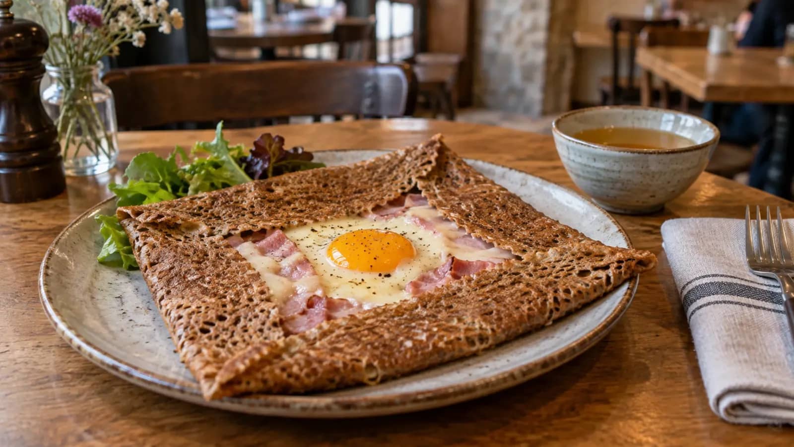 Galette complète au sarrasin avec œuf, jambon et emmental