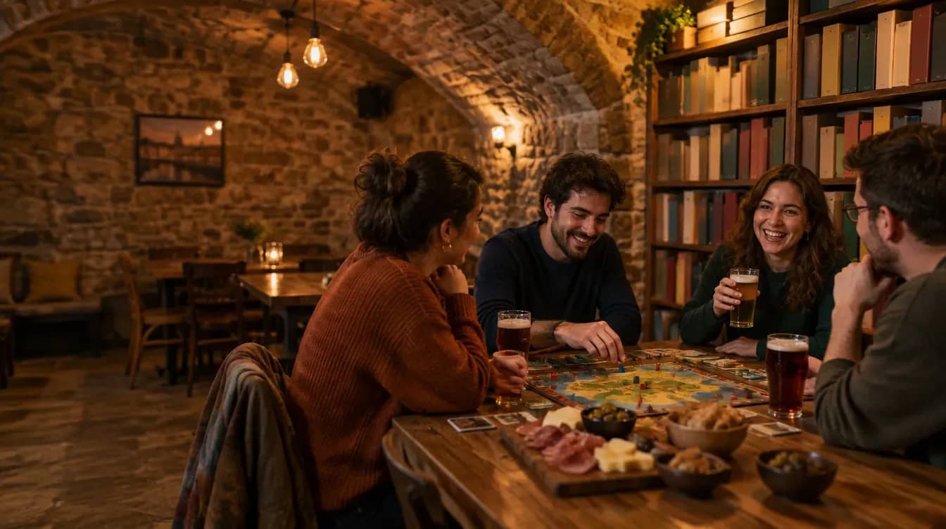 Amis attablés autour d'un jeu de société et d'une planche dans un bar à jeux voûté en pierre, visuel d'illustration