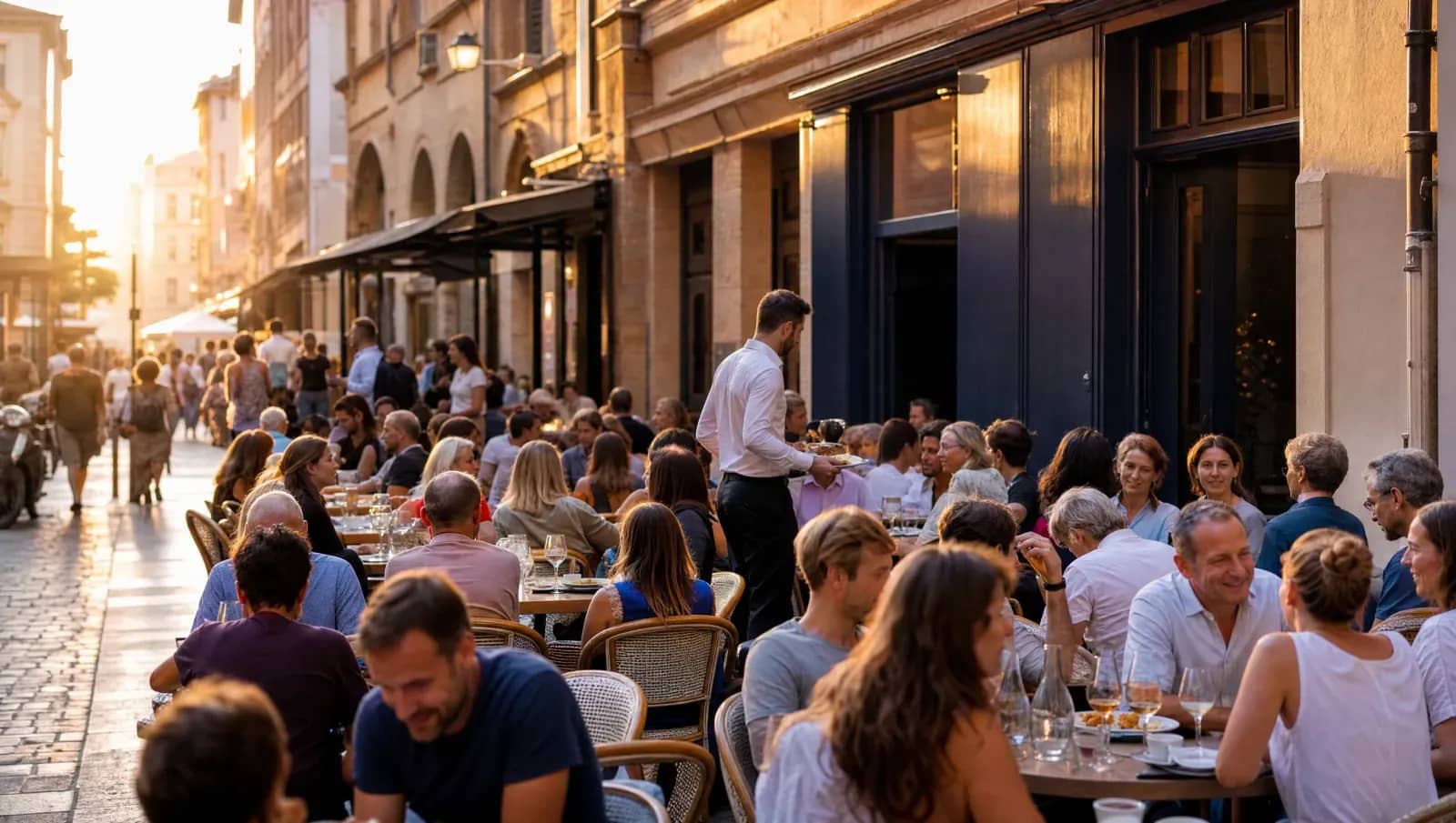 Terrasse d'un bistrot lyonnais comble au coucher du soleil, toutes les tables occupées, serveur en plein service