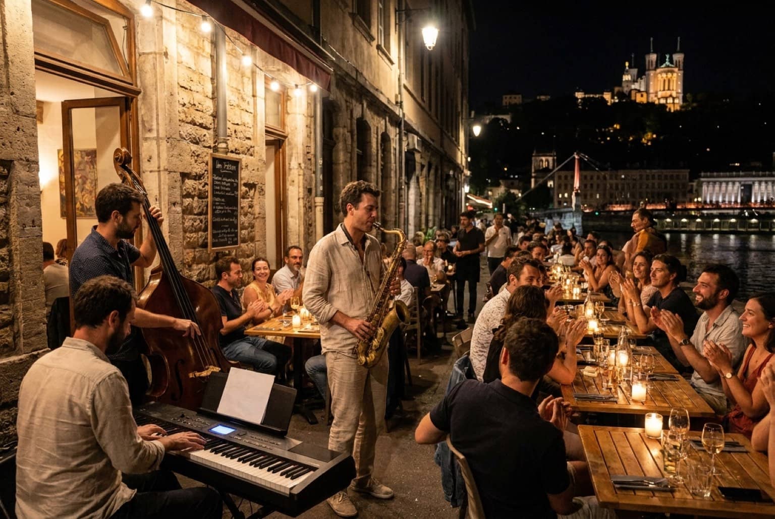 Trio de jazz jouant sur une terrasse de restaurant lyonnais à la nuit tombée