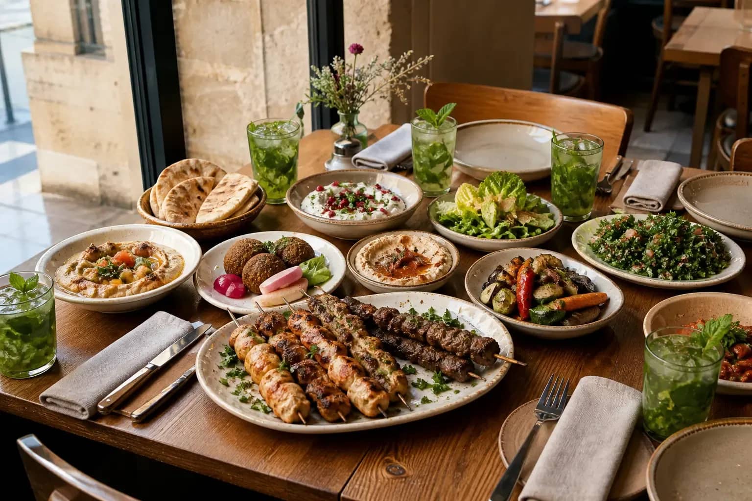 Table de mezzés libanais et syriens avec grillades à partager à Lyon