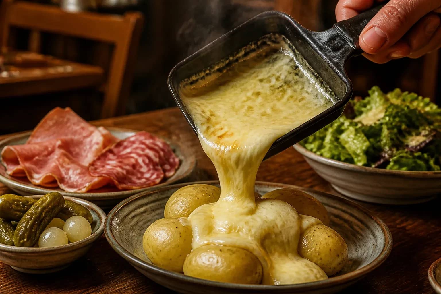 Fromage à raclette fondu versé sur des pommes de terre avec cornichons et charcuterie
