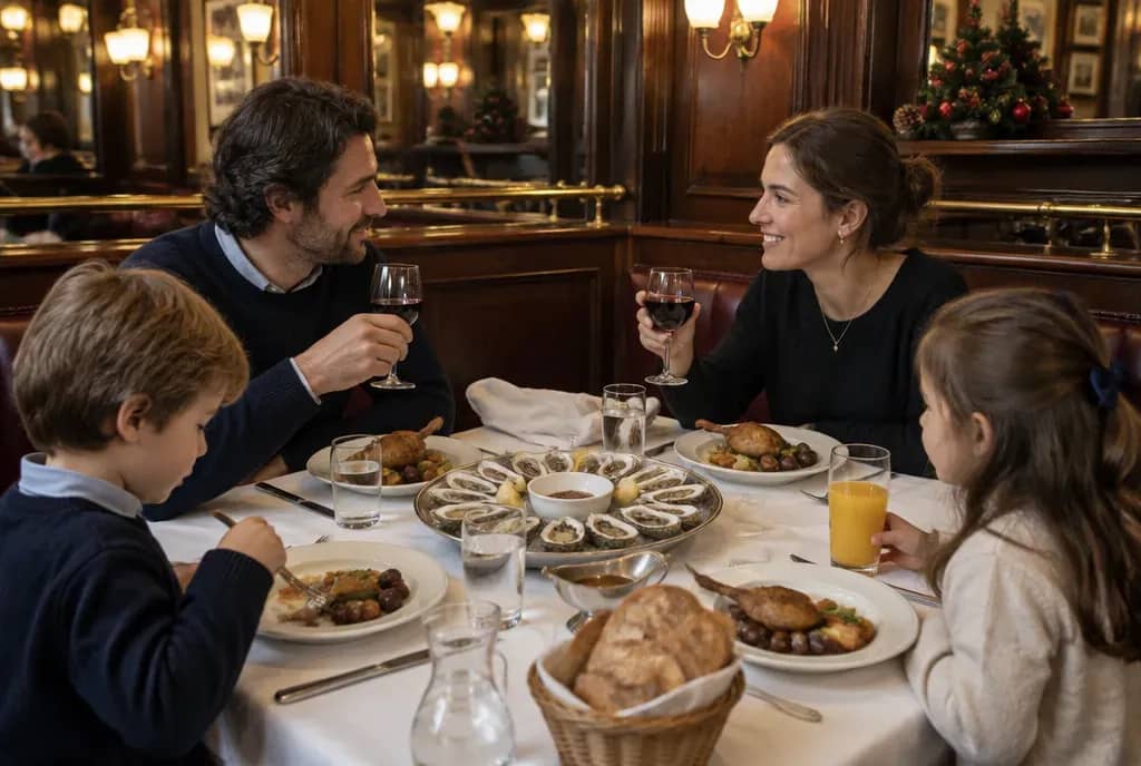 Famille attablée pour le déjeuner de Noël dans une brasserie lyonnaise aux boiseries sombres