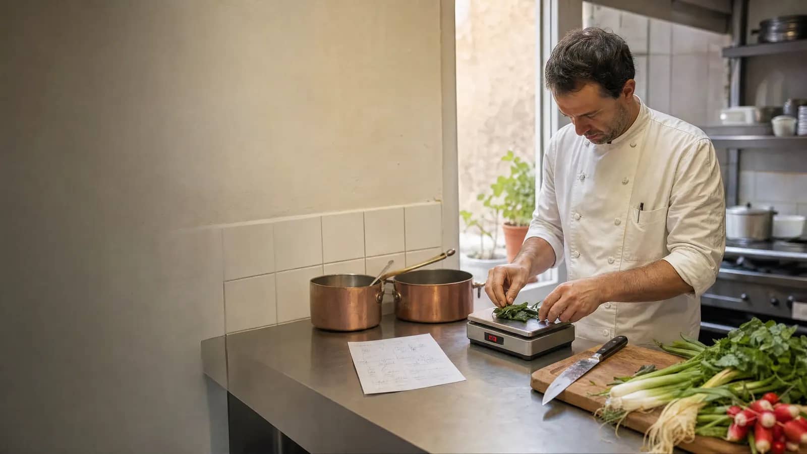 Chef d'un bistrot lyonnais pesant des ingrédients frais sur une balance, fiche technique et casseroles en cuivre sur le plan de travail