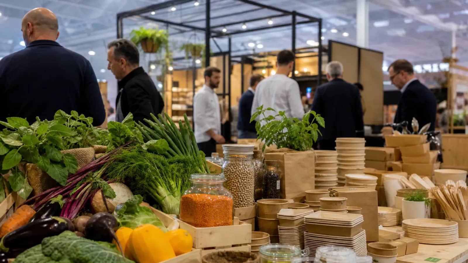Produits bio et emballages réutilisables présentés à un salon professionnel