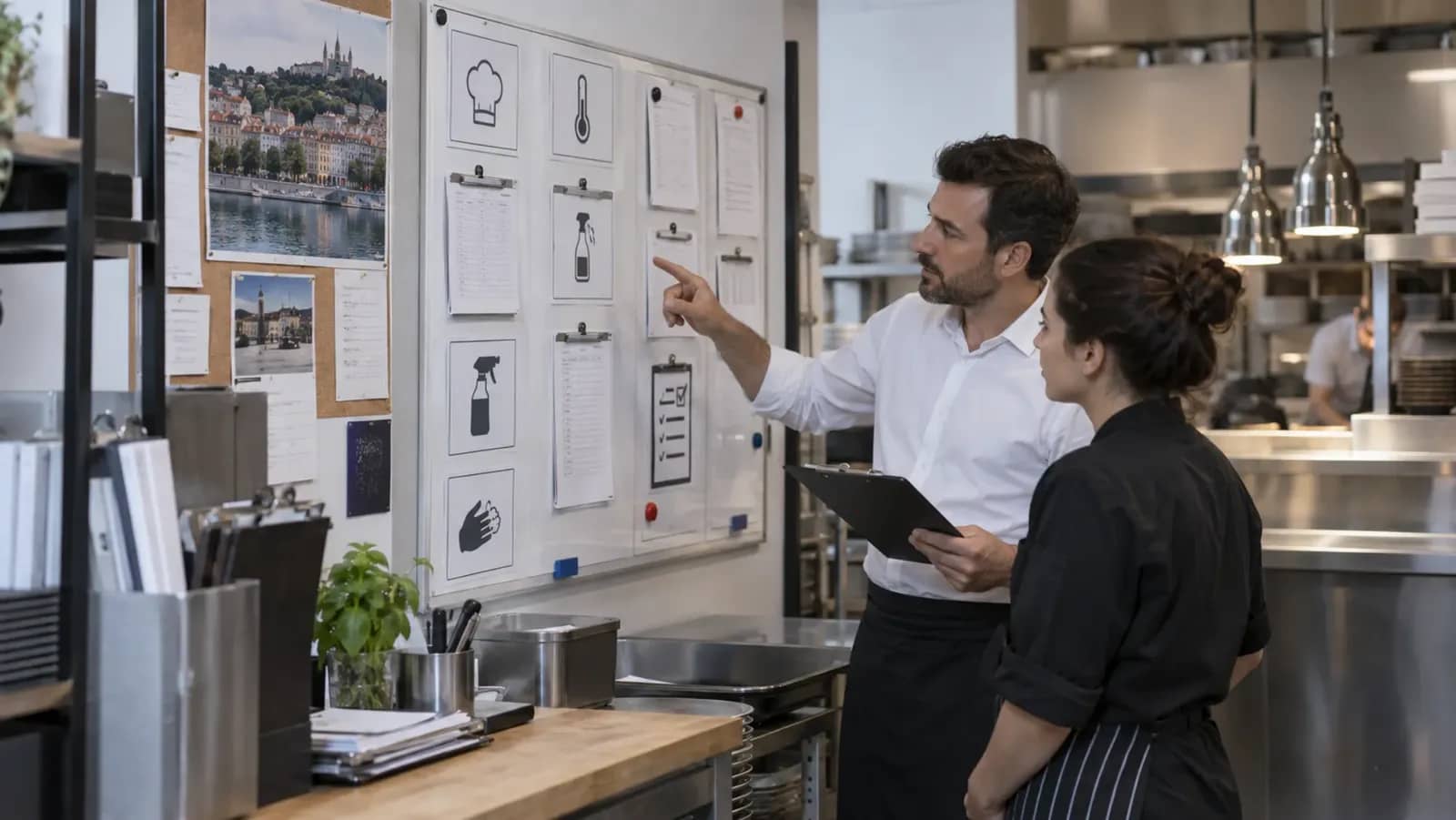 Une équipe de restaurant contrôle les informations obligatoires destinées aux salariés