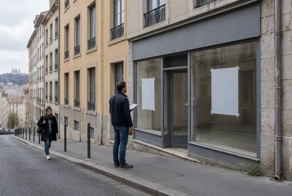Porteur de projet devant un local commercial vide dans une rue en pente de la Croix-Rousse, à Lyon