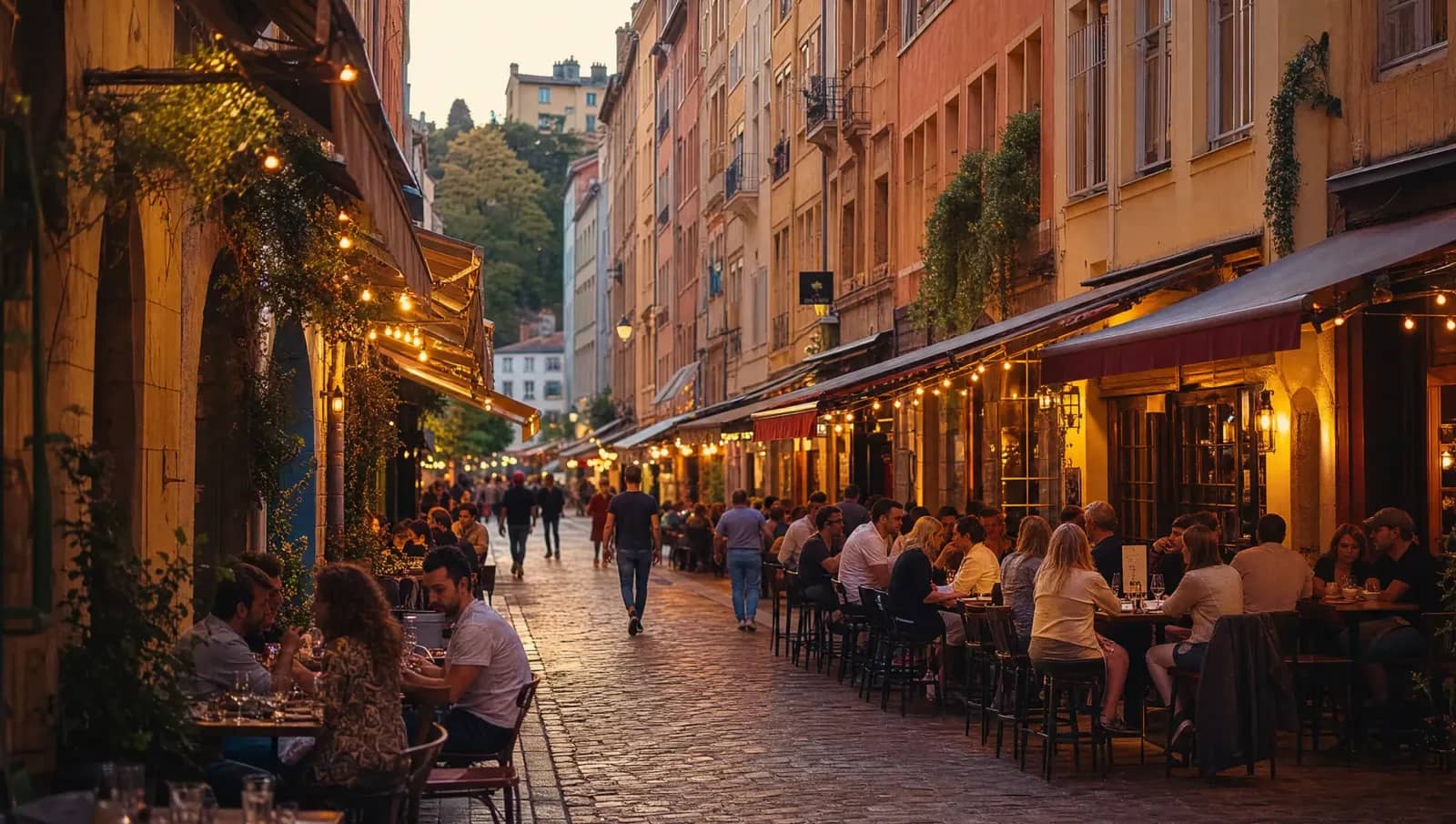 Rue pavée de Lyon bordée de terrasses de restaurants illuminées à la tombée du jour.