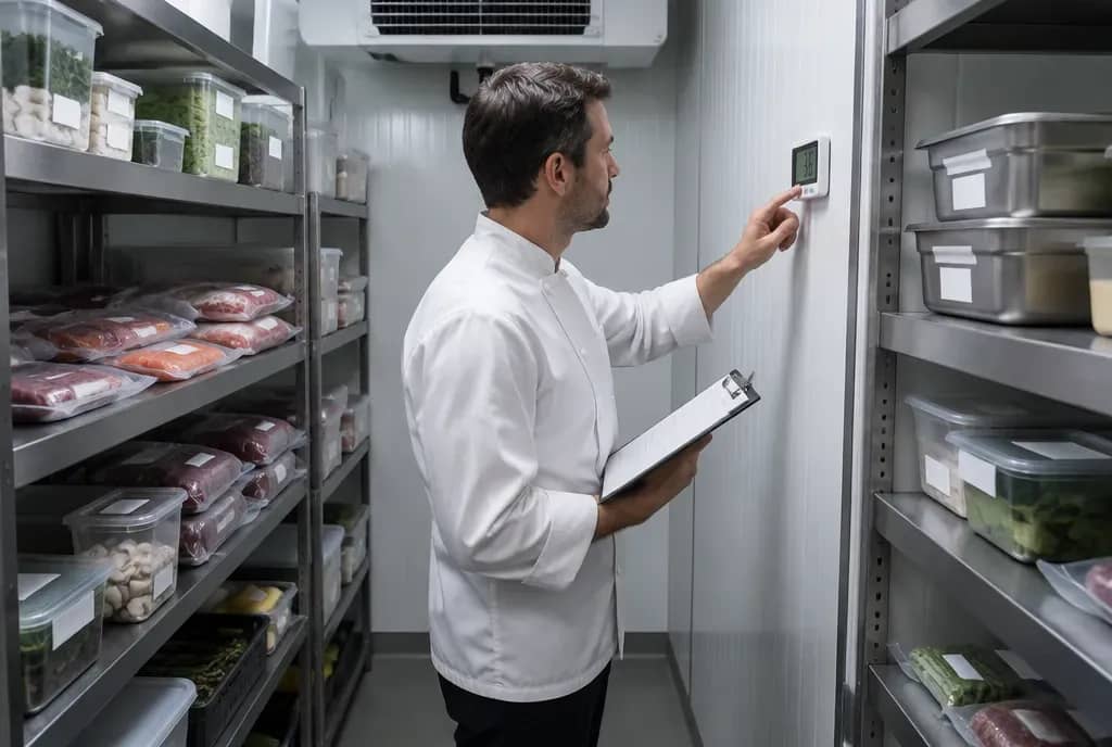 Cuisinier relevant la température d'une chambre froide de restaurant, clipboard en main, étagères de denrées étiquetées