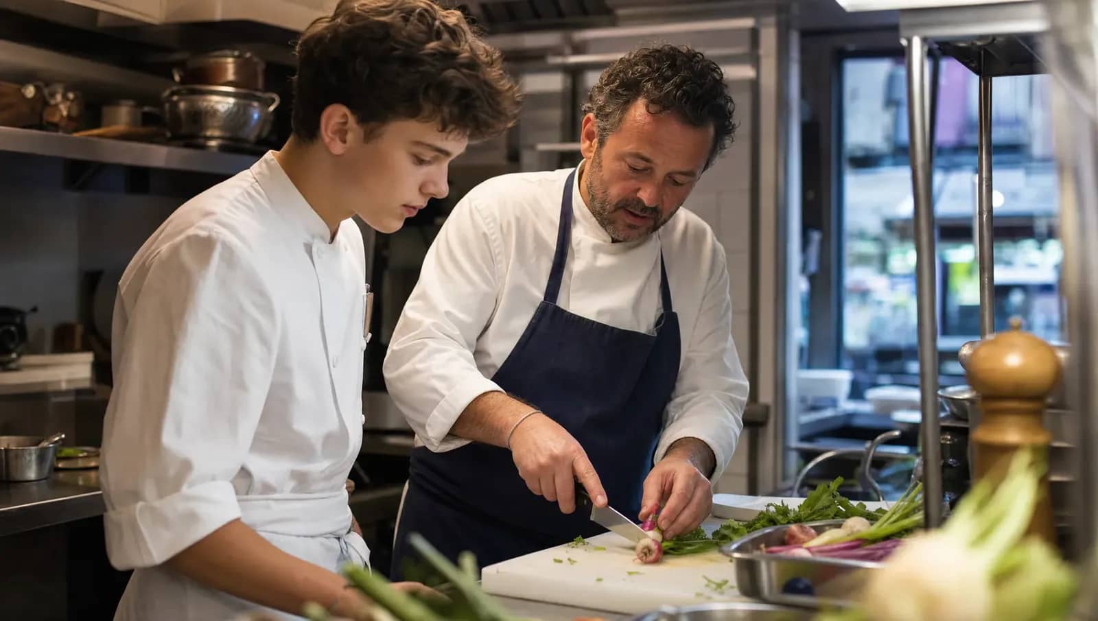 Un chef forme un jeune apprenti en cuisine dans un bistrot lyonnais, autour de légumes de saison