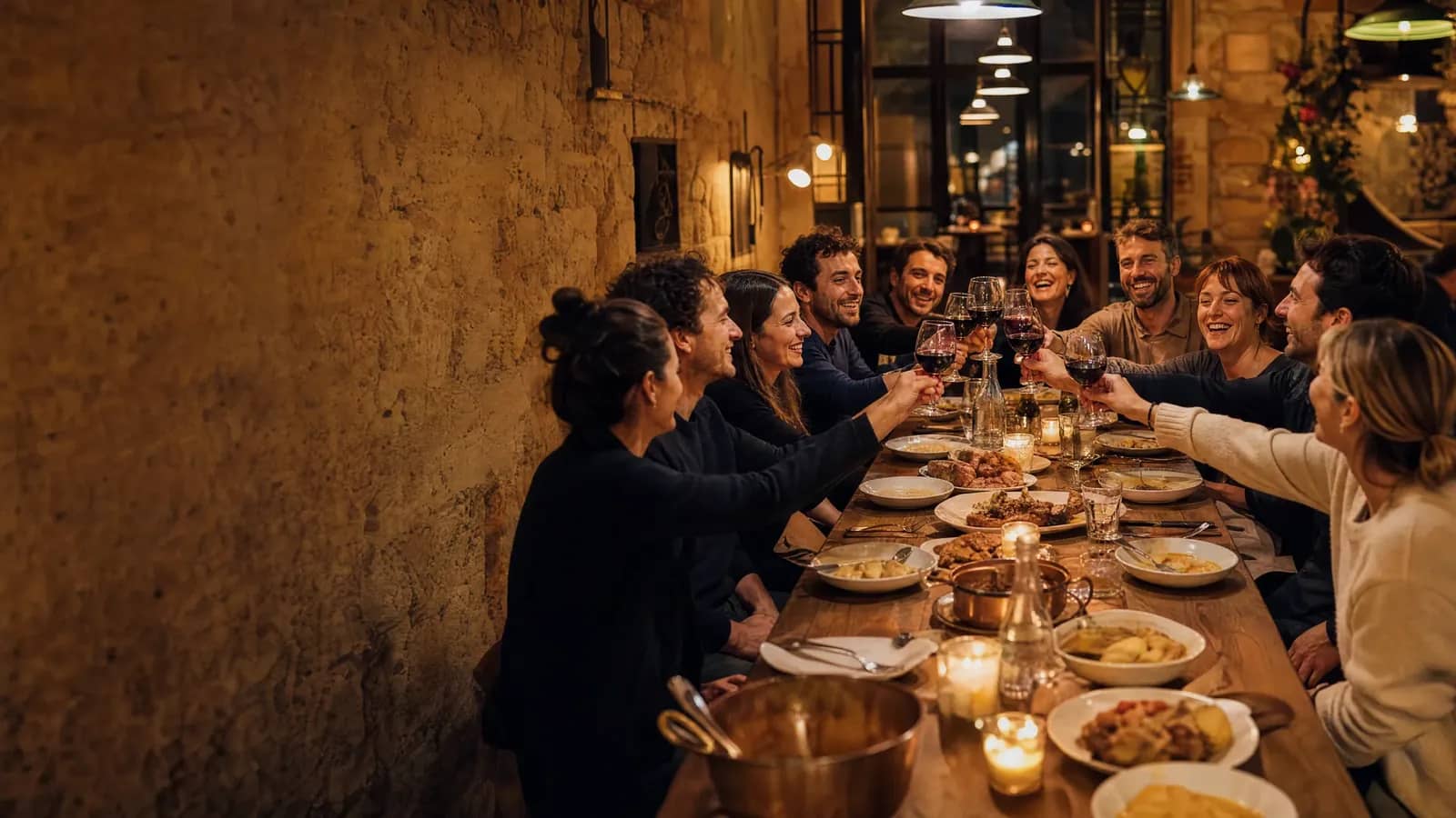 Grand groupe d'amis trinquant autour d'une longue table dans un restaurant lyonnais chaleureux
