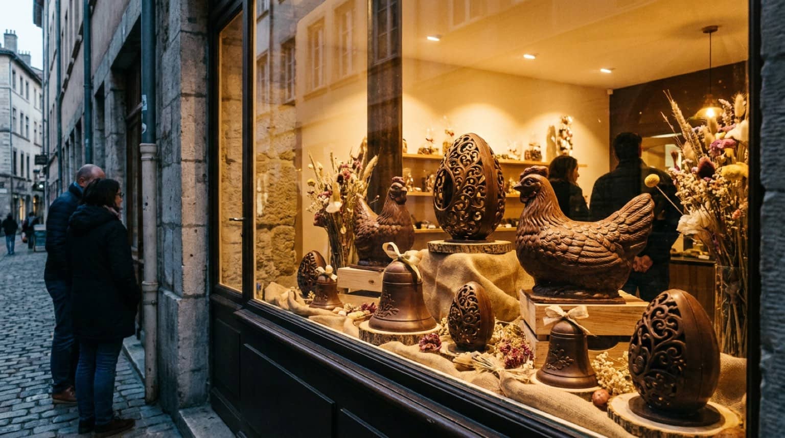 Vitrine d'un chocolatier lyonnais garnie de créations de Pâques