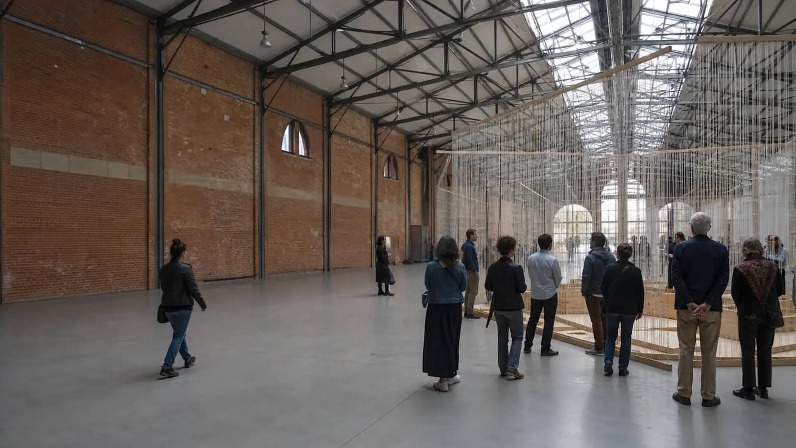 Visiteurs devant une installation d'art contemporain dans une halle industrielle lyonnaise