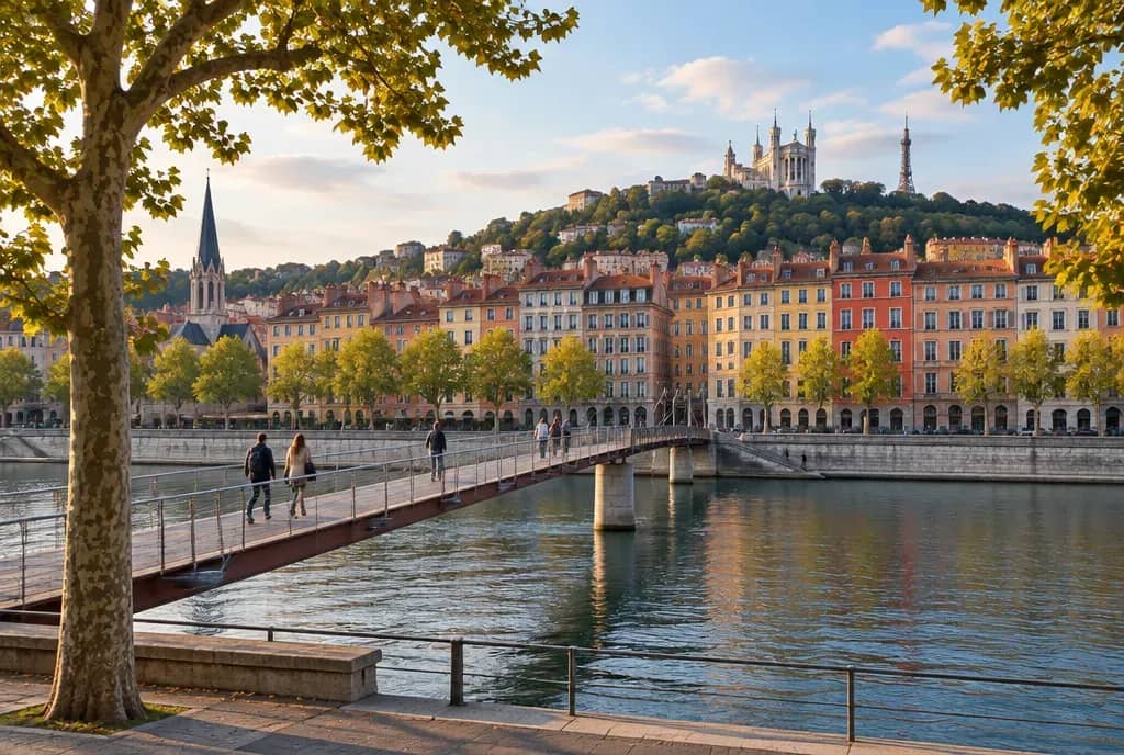 Passerelle piétonne sur la Saône entre la Presqu'île et le Vieux Lyon, avec la colline de Fourvière en arrière-plan